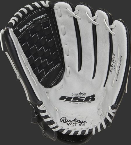 RSB140GB Rawlings Softball outfield glove with a grey palm and grey laces