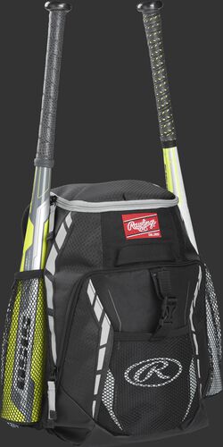 Side angle view of a black R400 youth equipment backpack with two bats in the side bat sleeves