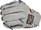 Back of a gray Liberty Advanced Color Series 12.5-Inch fastpitch glove with a black Rawlings patch - SKU: RLA125-18GRG image number null