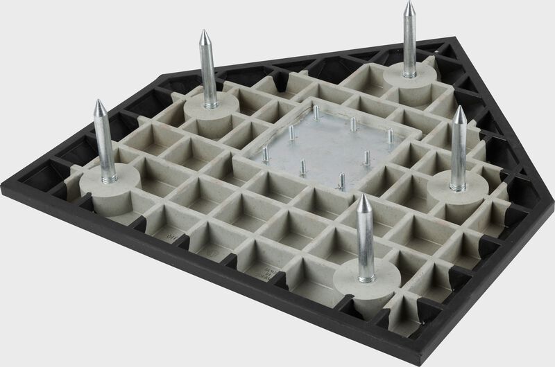 Bottom of a Rawlings Hollywood home plate with the 5 ground spikes - SKU: 12807300