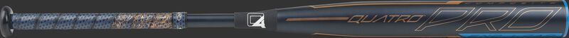 Barrel of a black FPPE10 Rawlings Quatro Pro End-loaded softball bat with rose gold accents