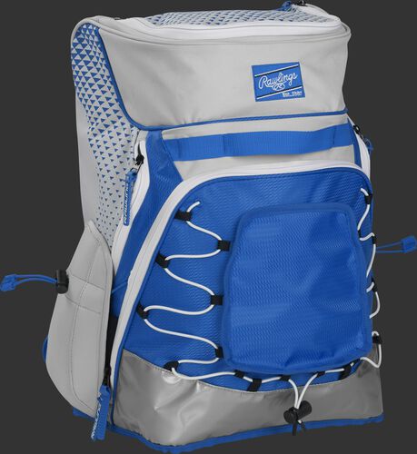 Front right of a white/royal R800 softball backpack