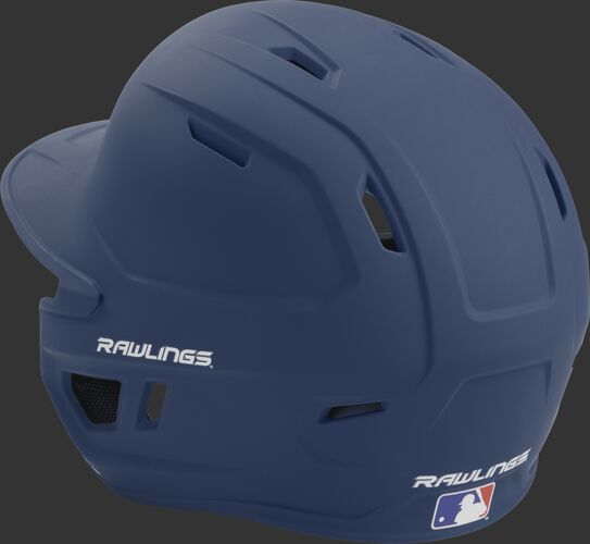 Back left view of a matte navy MACH series batting helmet with air vents