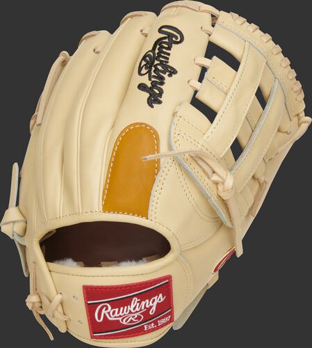Back of a camel DJ LeMahieu Gameday 57 glove with a tan finger pad and red Rawlings patch - SKU: PROSNP4-DJ26