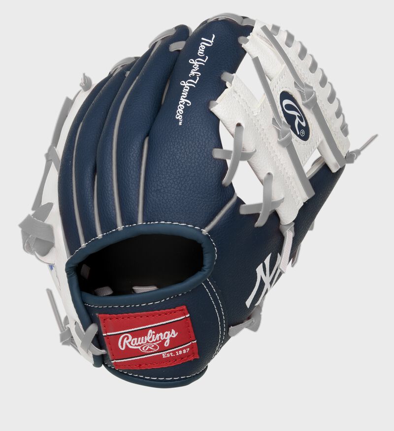 Back of a navy, white & red New York Yankees 10-inch I-web glove with a red Rawlings patch - SKU: 22000030111