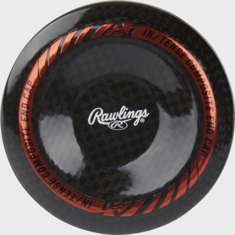 A black carbon fiber end cap of a Mach AI USSSA bat with a white Rawlings logo in the middle - SKU: RUT4MC