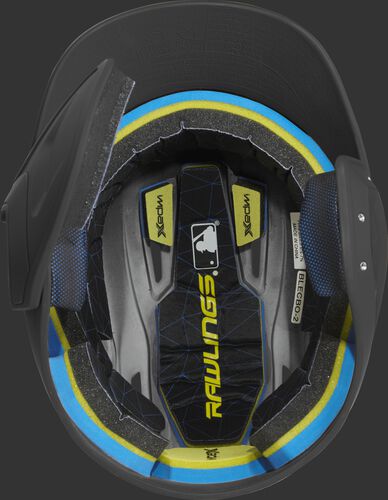Inside of a MACHEXTL Rawlings MACH baseball helmet with IMPAX durable foam padding