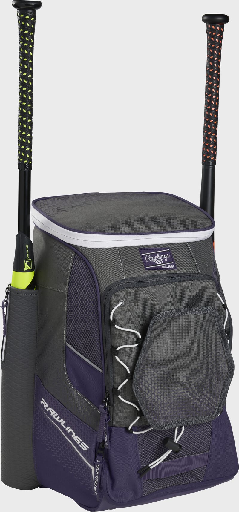 Front left angle of a purple Rawlings Impulse baseball gear backpack with two bats - SKU: IMPLSE-PU