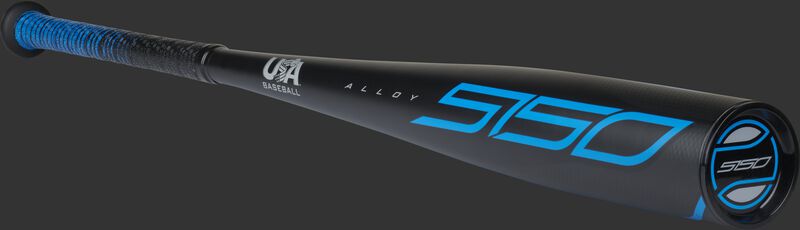 Angle view of a 2021 Rawlings 5150 baseball bat with a black end cap - SKU: US15