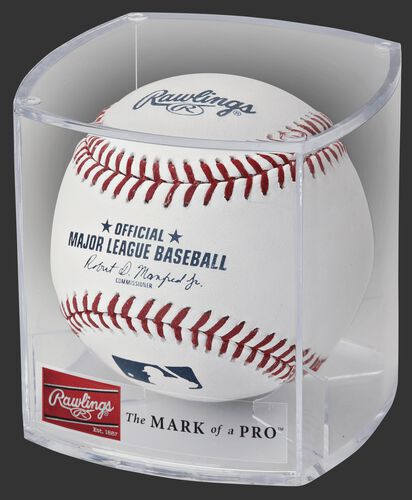 A ROMLB Official MLB baseball in a clear display cube
