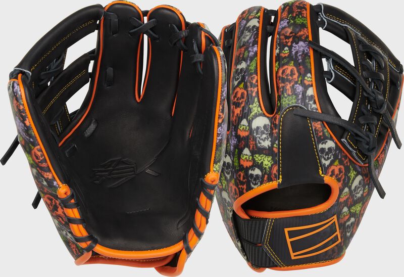 2 views showing the palm and back of a Rawlings limited edition Halloween REV1X glove - SKU: REV204-32BOO