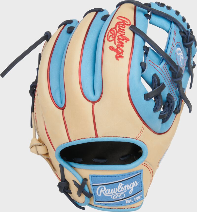 Back of a camel/Columbia blue Heart of the Hide 11.5-Inch Infield Glove with a Columbia blue Rawlings patch