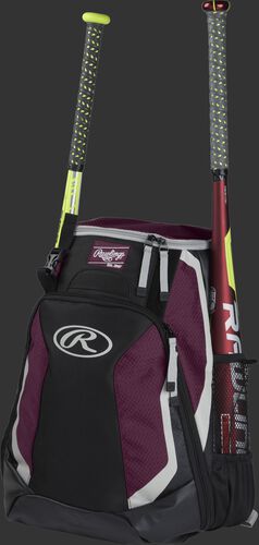 Left side of a black/maroon R500 baseball backpack with a red bat in the side sleeve