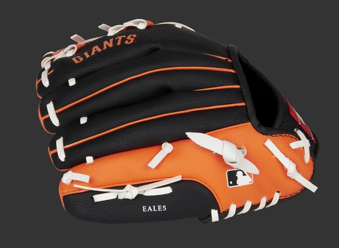 Back of a black/orange San Francisco Giants youth glove with the MLB logo on the pinky - SKU: 22000013111
