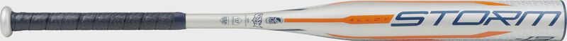 Barrel of a silver FPZS13 Rawlings Storm fastpitch bat with orange and navy accents loading=