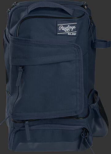 Front of a navy R701 Rawlings training backpack with a locker style front pocket