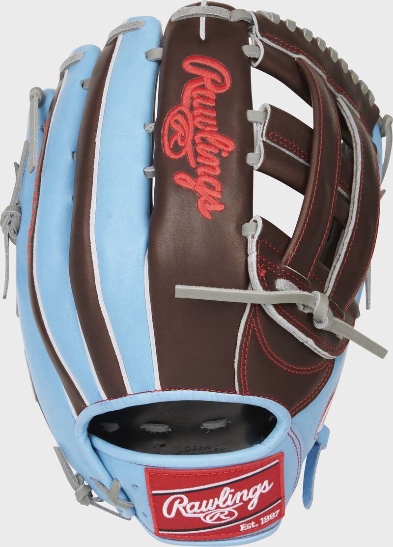 Back of a Columbia blue/sherry Heart of the Hide 12.75" H-web glove with a red Rawlings patch - SKU: PRO3039-6CH