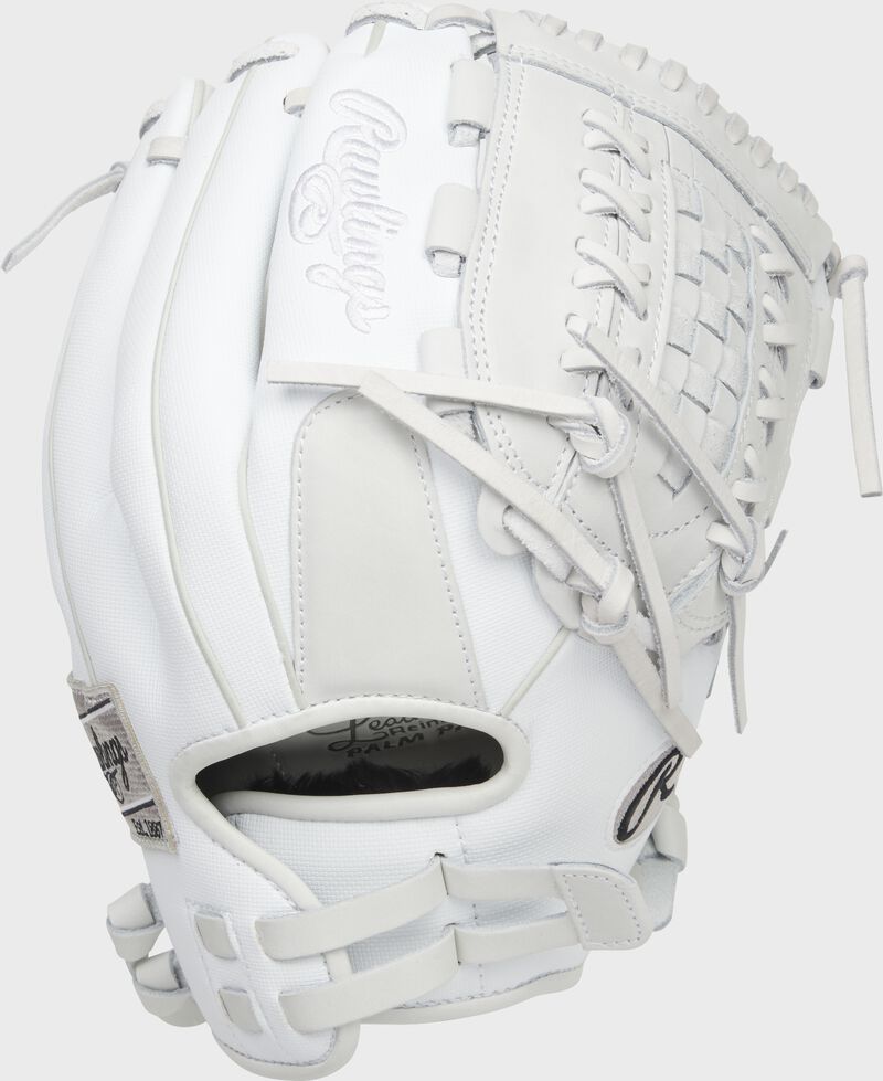 Back of a white Liberty Advanced 12.5-Inch basket web glove with a pull strap back - SKU: RLA125-18WSS