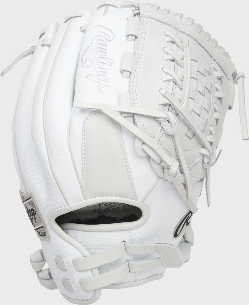 Back of a white Liberty Advanced 12.5-Inch basket web glove with a pull strap back - SKU: RLA125-18WSS loading=