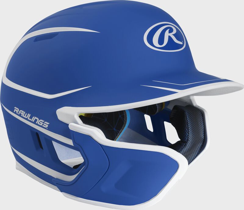Right angle view of a matte royal/white MACHEXTR Mach Junior helmet with Mach EXT left hand batter face guard extension