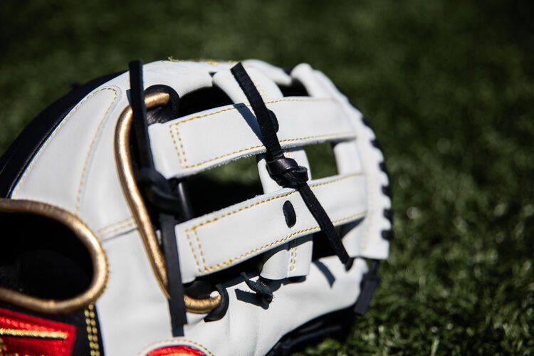 White H-Web on an Encore outfield glove sitting on a field - SKU: EC1225-6BW