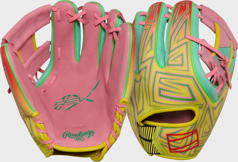 Two images showing the palm & back of a pink/yellow Rawlings REV1X 11.5-inch infield glove