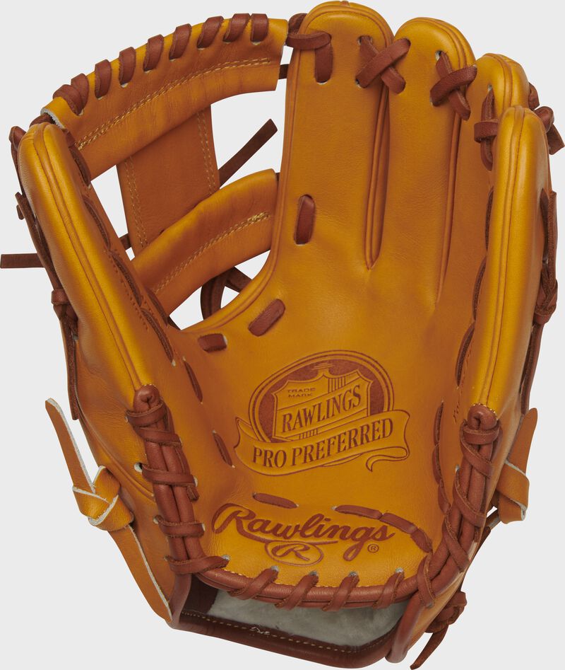 Palm of a PROS204-2KRTP Rawlings Pro Preferred glove with a rich tan palm and tan laces