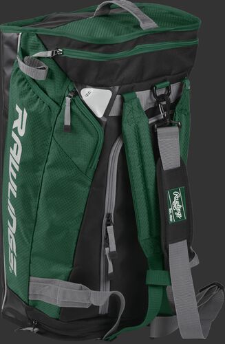Angled view of a dark green R601 Rawlings hybrid bag standing up like a backpack