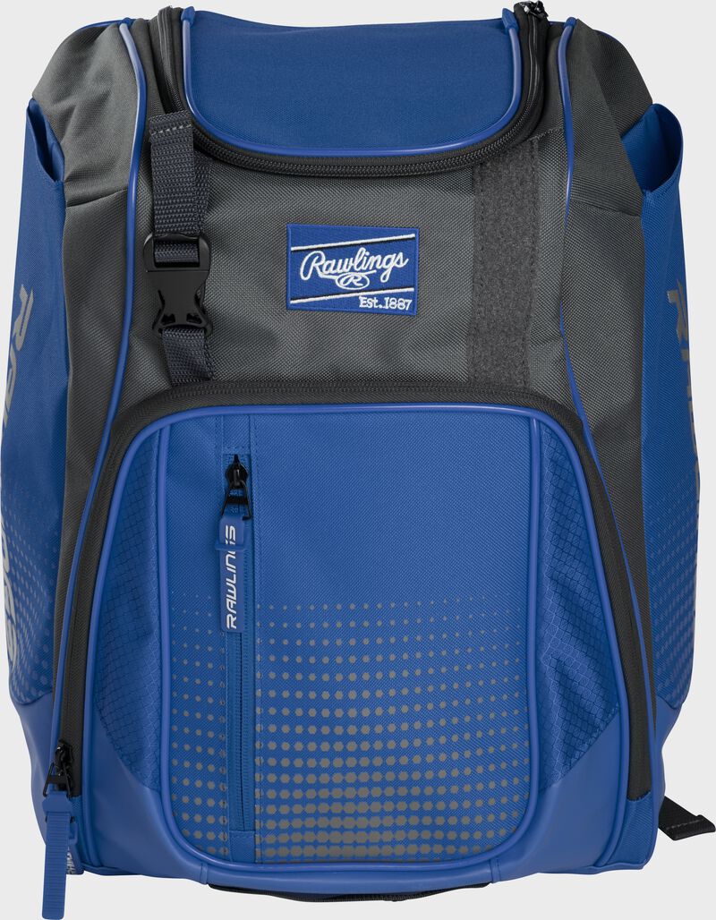 Front of a royal Franchise baseball backpack with gray accents and a royal Rawlings patch - SKU: FRANBP-R