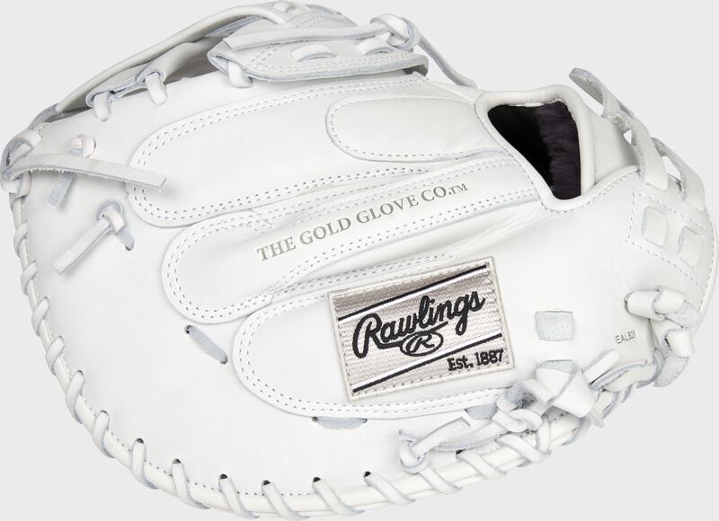 Back of a white Rawlings Liberty Advanced 34-inch catcher's mitt with a silver Rawlings patch - SKU: RLACM34W-3/0 loading=