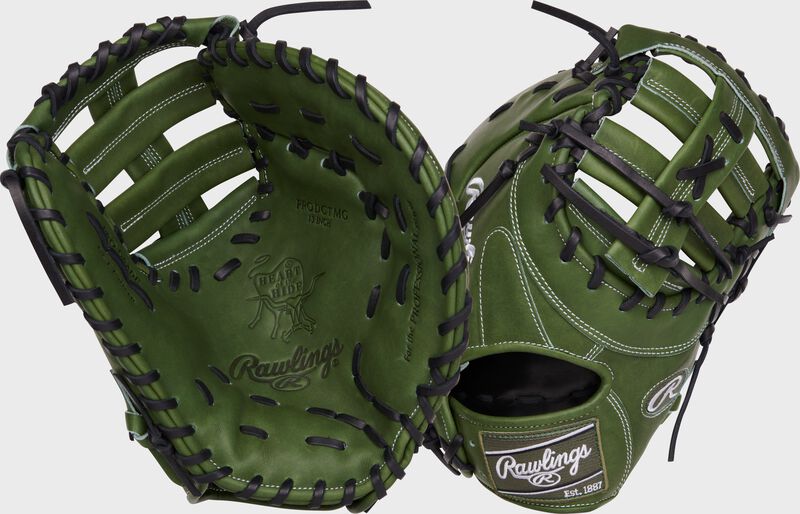 2 veiws showing the palm/back of a Heart of the Hide military green 1st base mitt - SKU: PRODCTMG