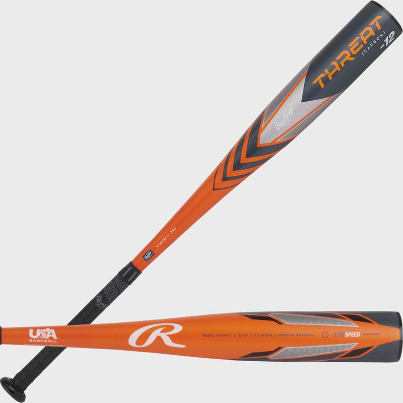 2 views showing both sides of the barrel of an orange/gray Rawlings Threat USA bat - SKU: RUS4T12