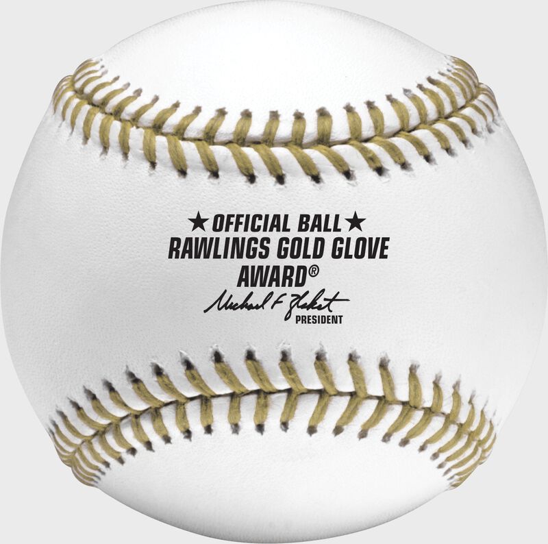 The Offical Ball logo stamped in black on the RGGBB Rawlings Gold Glove baseball