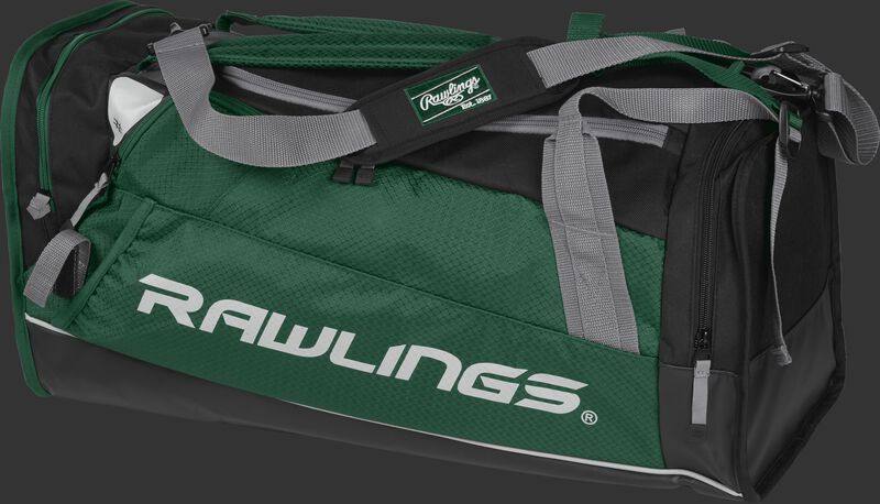 Side angle view of a dark green R601 Rawlings Hybrid duffel backpack