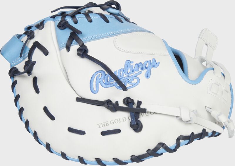 Back of a white/Columbia blue Liberty Advanced 1st base mitt - SKU: RLADCTSBWCBN