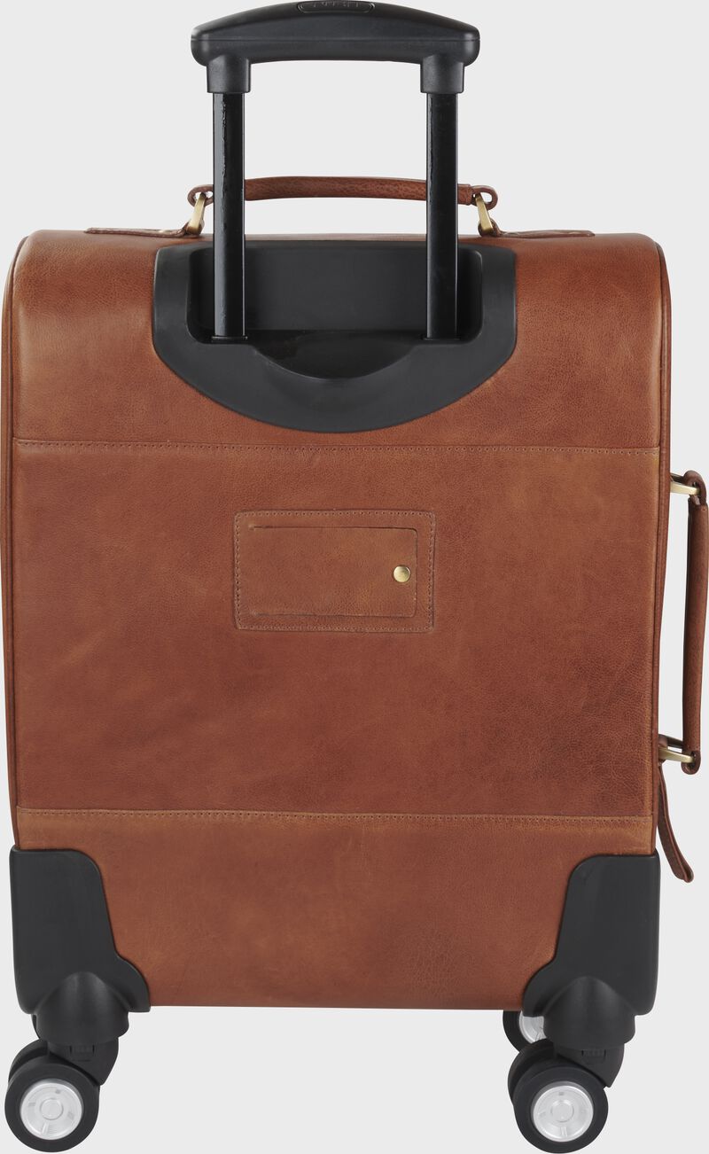 Back of a brown Origins leather four wheel suitcase with the telescoping handle up SKU: RB60015