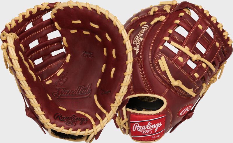 Two images showing the palm & back of a sherry Sandlot Series 12.5" first base mitt
