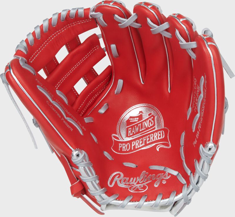 Palm of a scarlet Carlos Correa Pro Preferred 11.75-Inch Infield Glove with silver stamping and laces