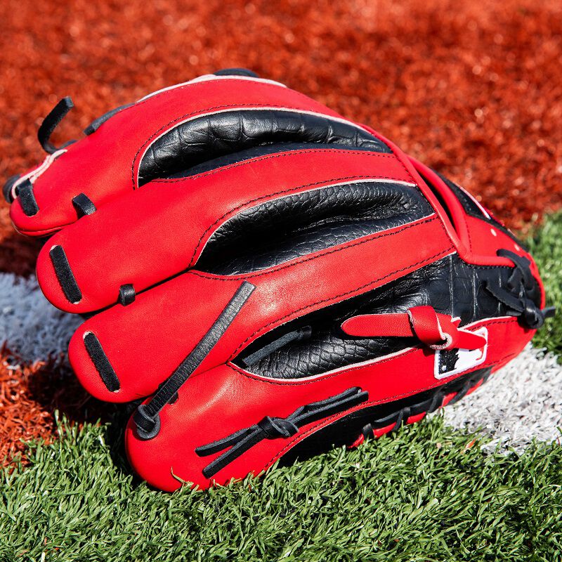 Scarlet/black back of a Rawlings HOH ColorSync 8.0 infield glove on a field