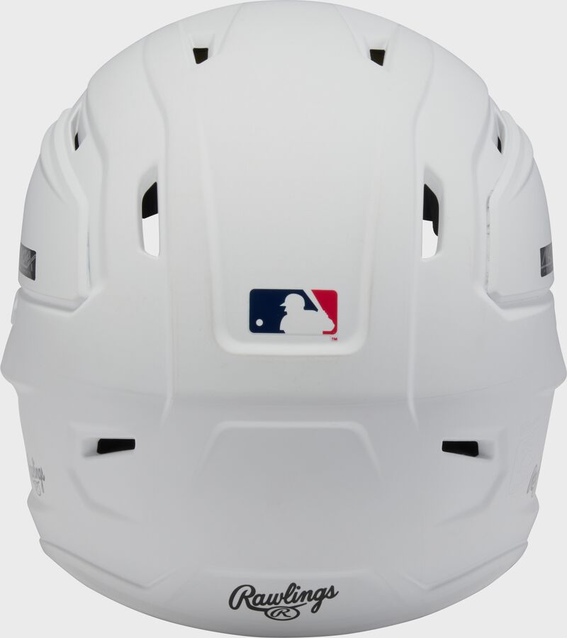 Back of a white Rawlings Mach-X Max Performance batting helmet loading=