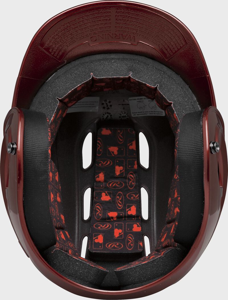 Inside padding of a cardinal R16S senior size Velo batting helmet