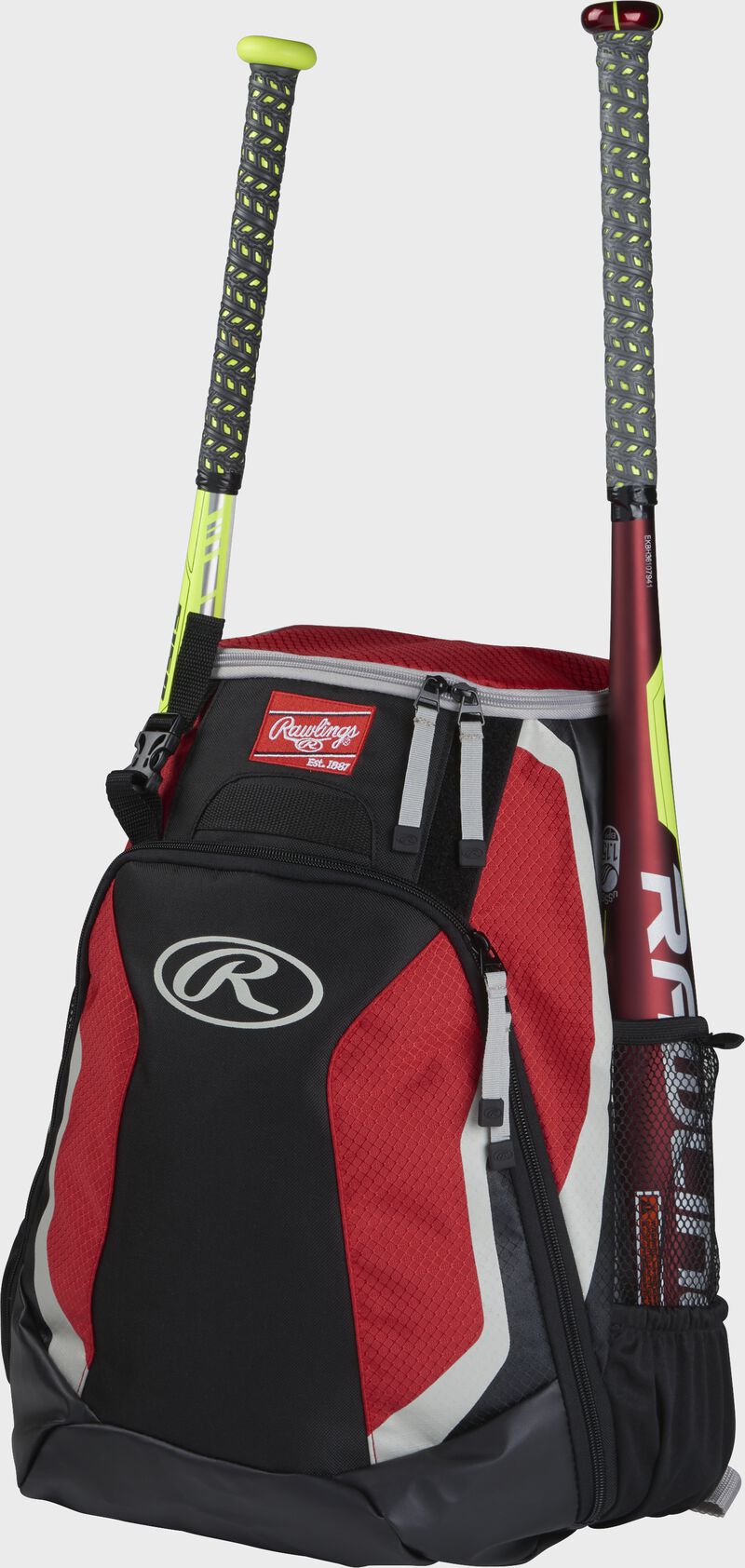Left side of a black/scarlet R500 baseball backpack with a red bat in the side sleeve