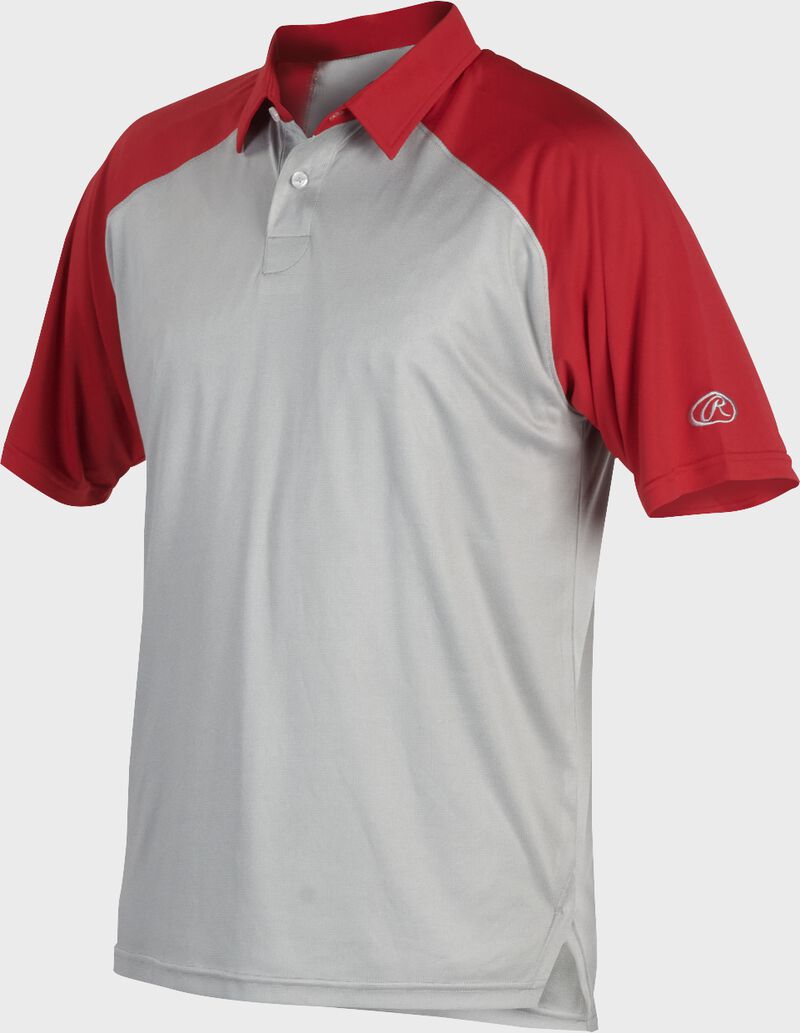 A gray Rawlings colorsync polo with scarlet sleeves - SKU: CSP-BG/S loading=