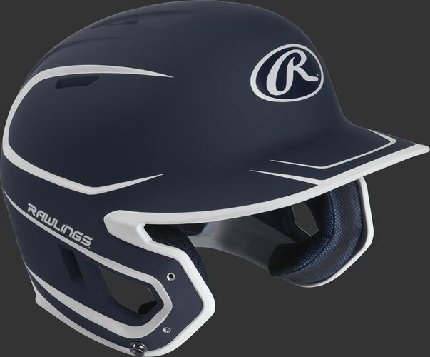 Right angle view of a matte MACH Senior batting helmet with a navy/white shell