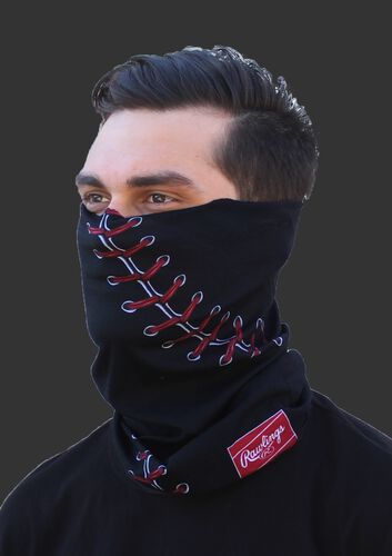 A guy wearing a black baseball stitch Rawlings multi-functional head and face cover over his mouth and nose - SKU: RC40001-001