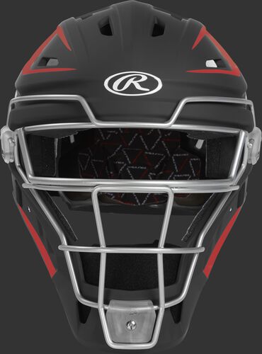 Front of a black/scarlet CHV27J Velo 2.0 hockey-style catcher's helmet