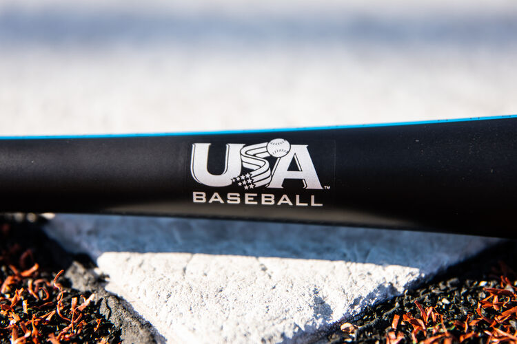 USA Baseball logo stamped on the handle of a Rawlings -5 5150 bat on top of home plate - SKU: US155