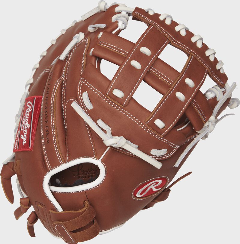 R9SBCM33-24DB 33-inch R9 Series softball catcher's mitt with a brown back and Pull-Strap back design