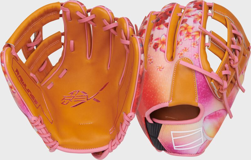 Two images showing the palm & back of a tan/pink Rawlings REV1X Francisco Lindor Infield glove