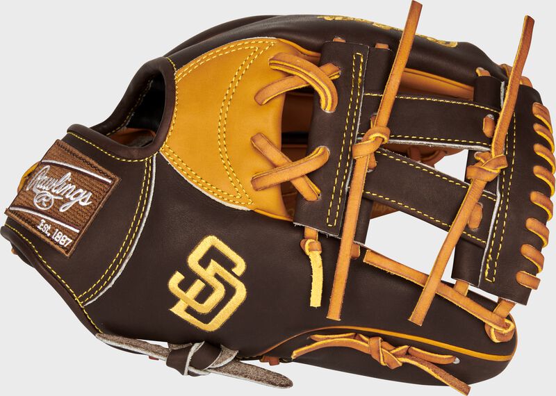 Thumb of a 2021 San Diego Padres Heart of the Hide glove with the Padres logo on the thumb - SKU: RSGPRONP4-7SD